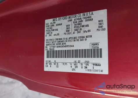 1999 Ford F-150 Lariat/Work Series/Xl/Xlt z USA, uszkodzony, nr VIN 1FTRF18W0XNB95244